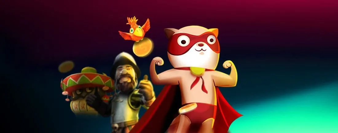Casino SuperCat – baner z kotem w czerwonej pelerynie i automatami